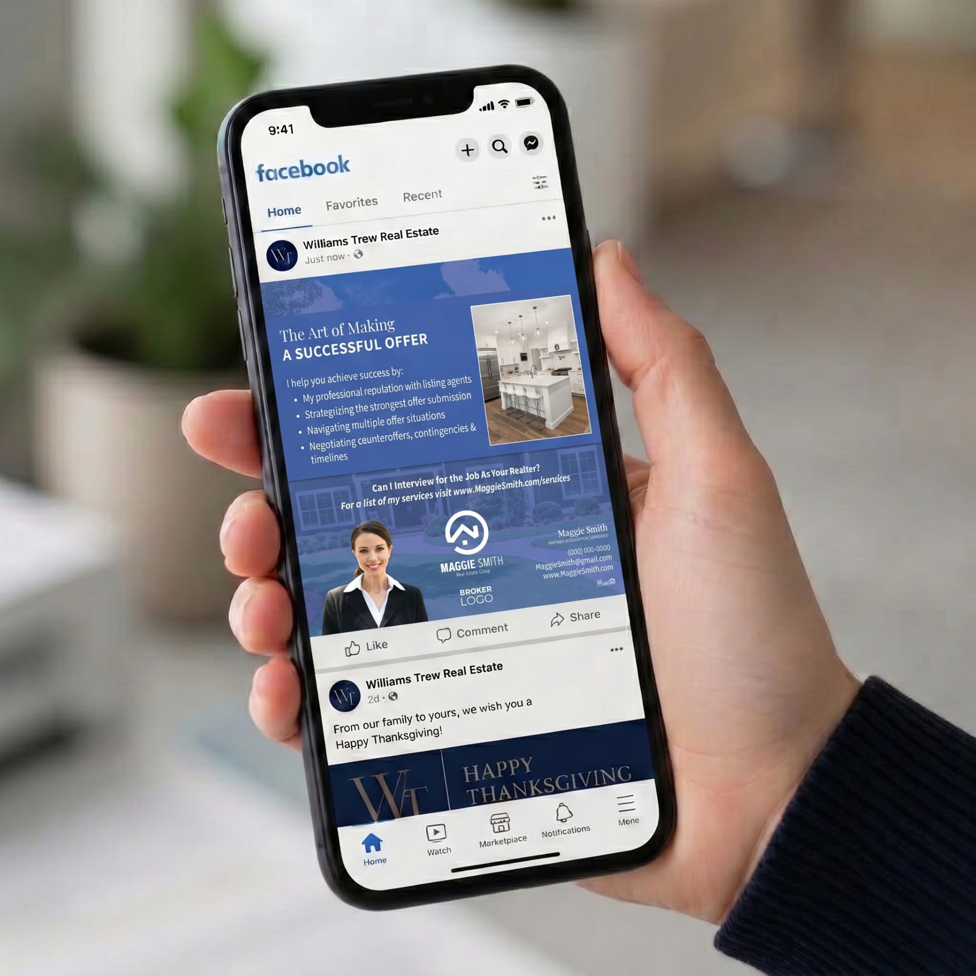 Smartphone showing a branded Facebook post about the art of making a successful offer