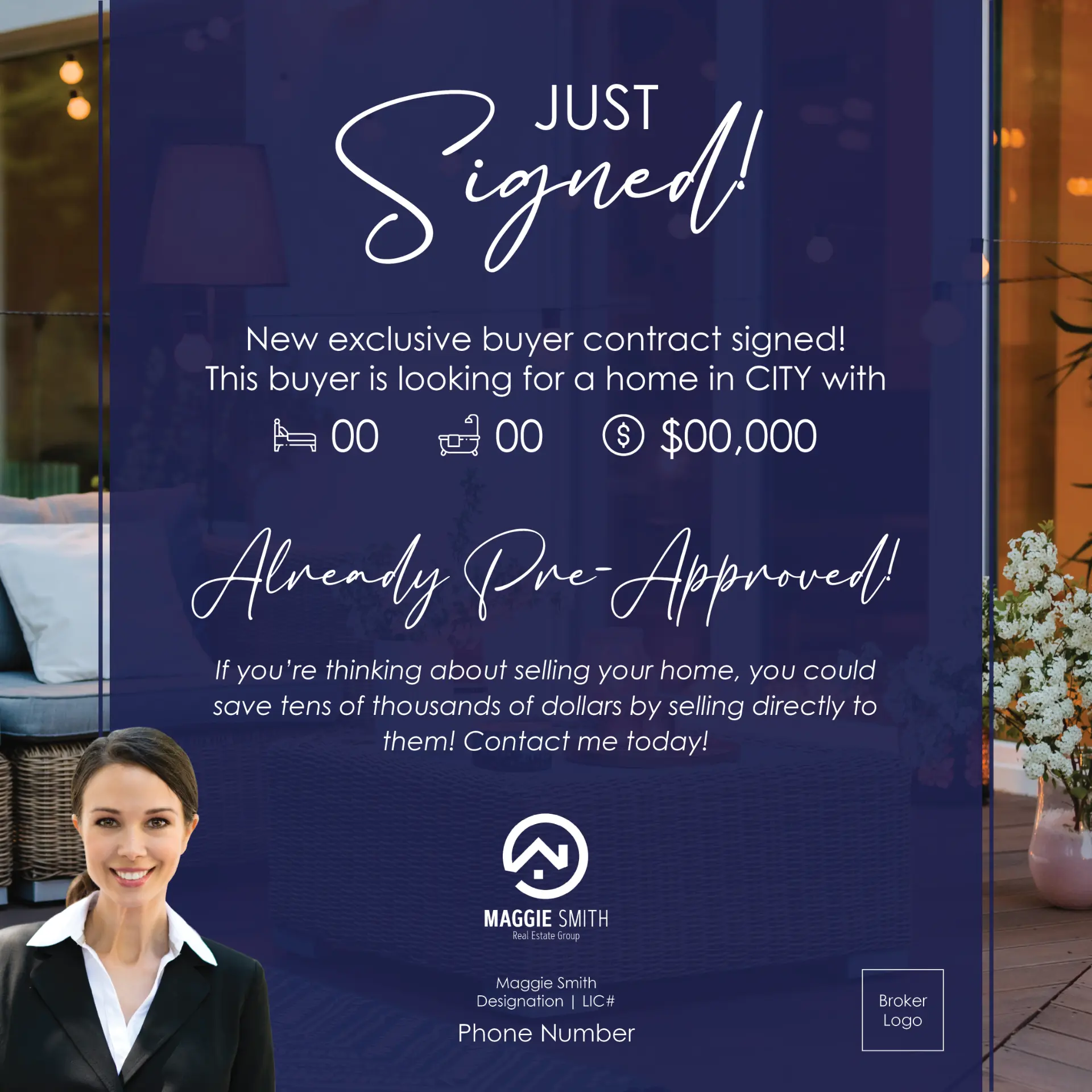 Branded "Just Signed" buyer social media post 2 shown on a phone
