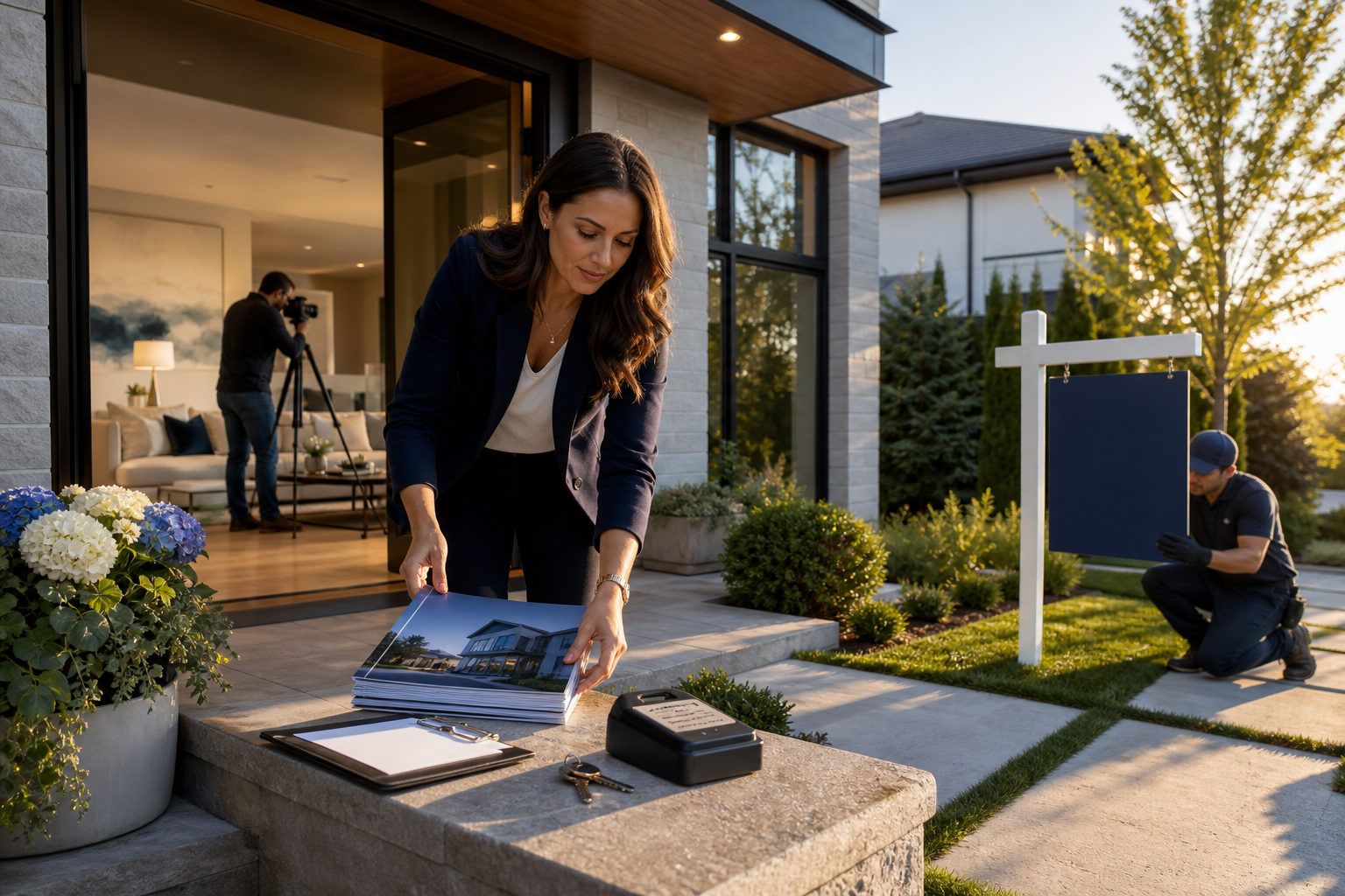 Agent preparing a listing at golden hour