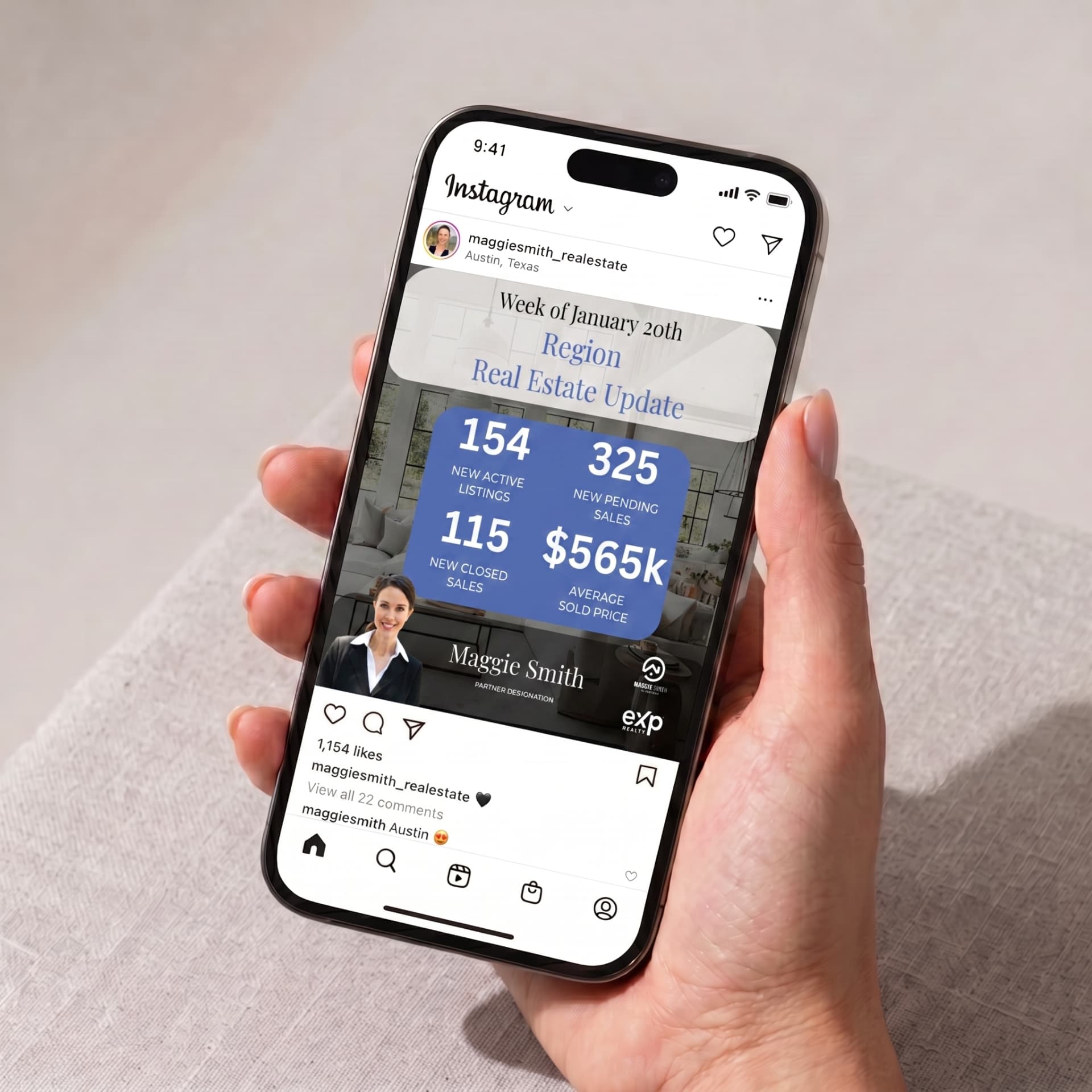 Smartphone showing a branded Instagram weekly real estate market update post