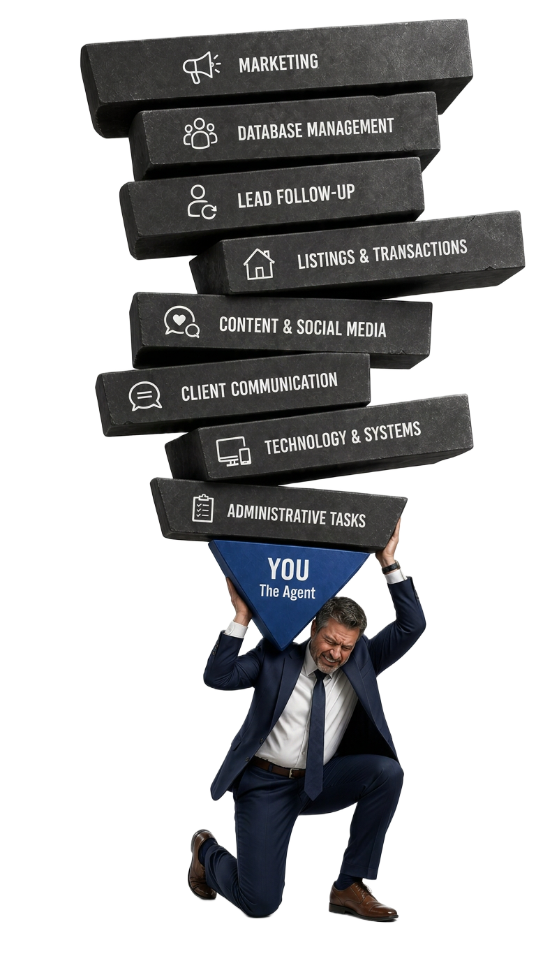 Inverted pyramid of real estate business tasks resting on the shoulders of a single agent