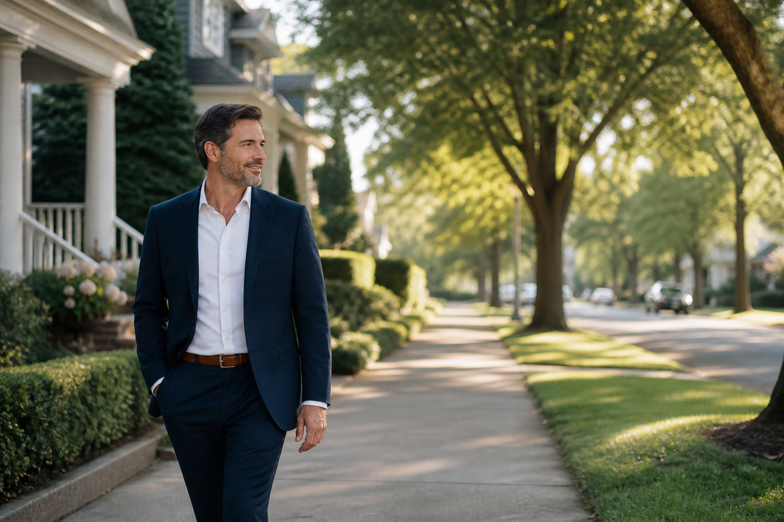 Real estate agent walking a neighborhood street