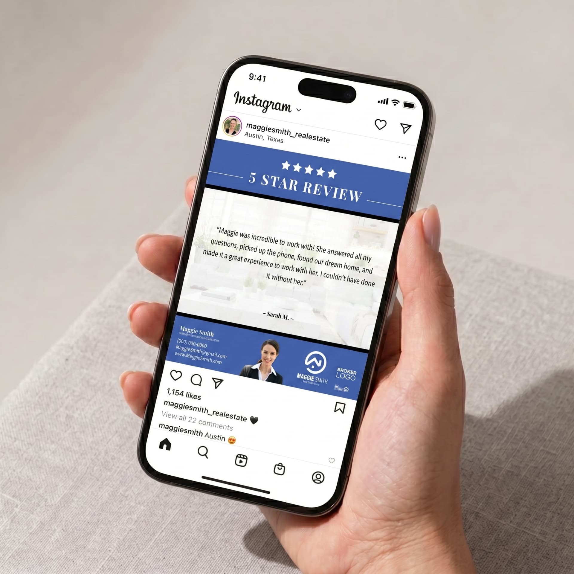 Smartphone showing a branded Instagram 5-star review post