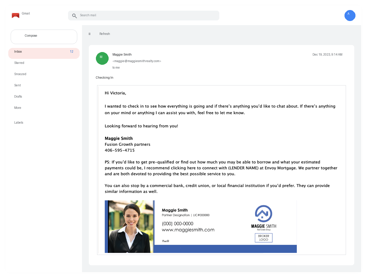 Gmail inbox showing a personalized checking-in email from Maggie Smith