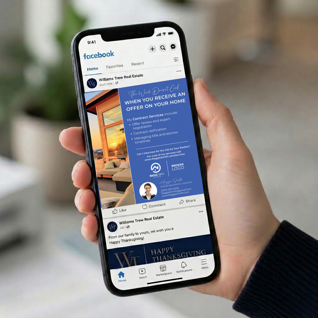 Smartphone showing a branded Facebook seller services and seasonal greeting post