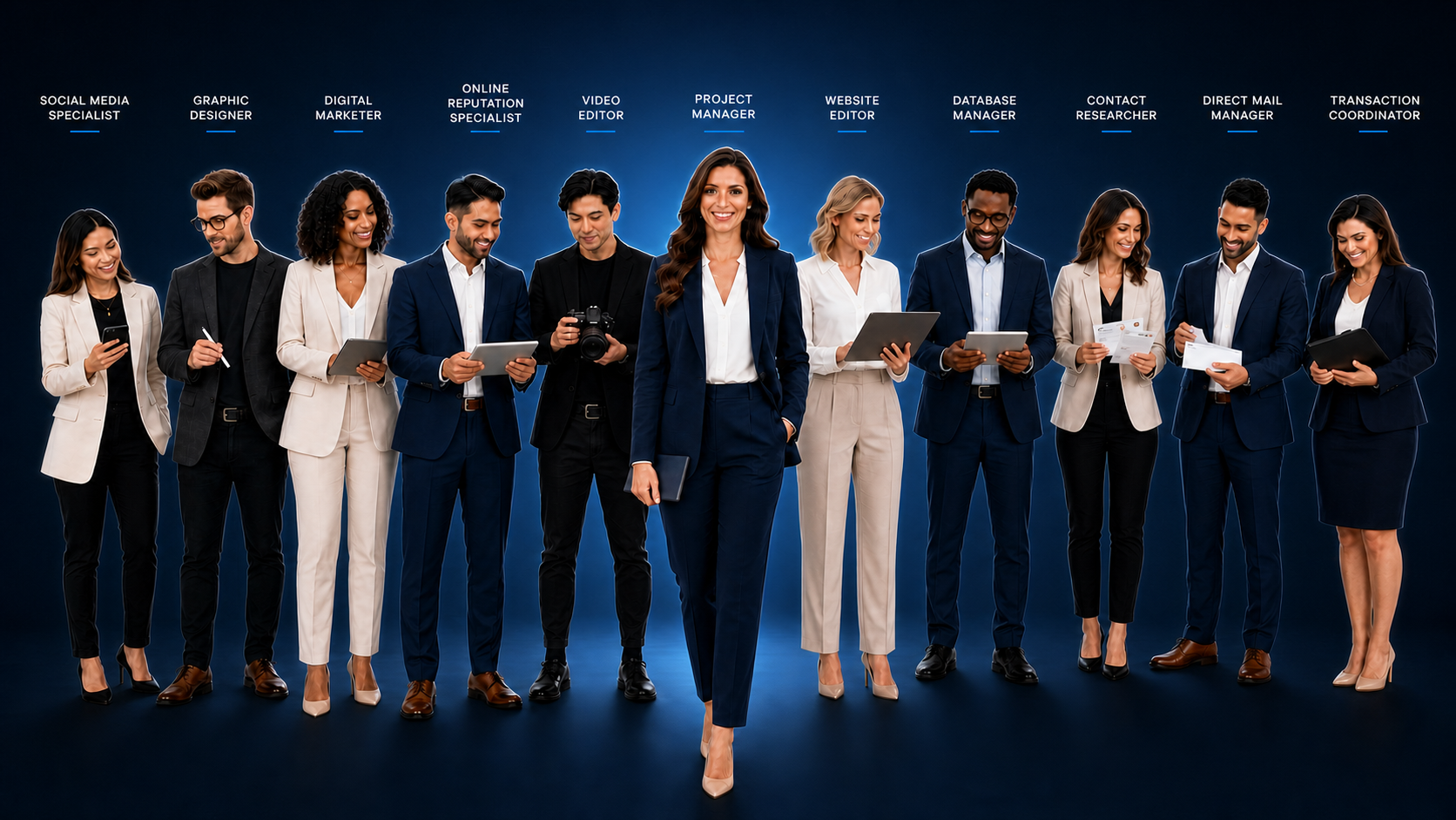 The Fusion Agent Services specialist team — social media, graphic design, digital marketing, reputation, video, project management, web, database, research, direct mail, and transaction coordination