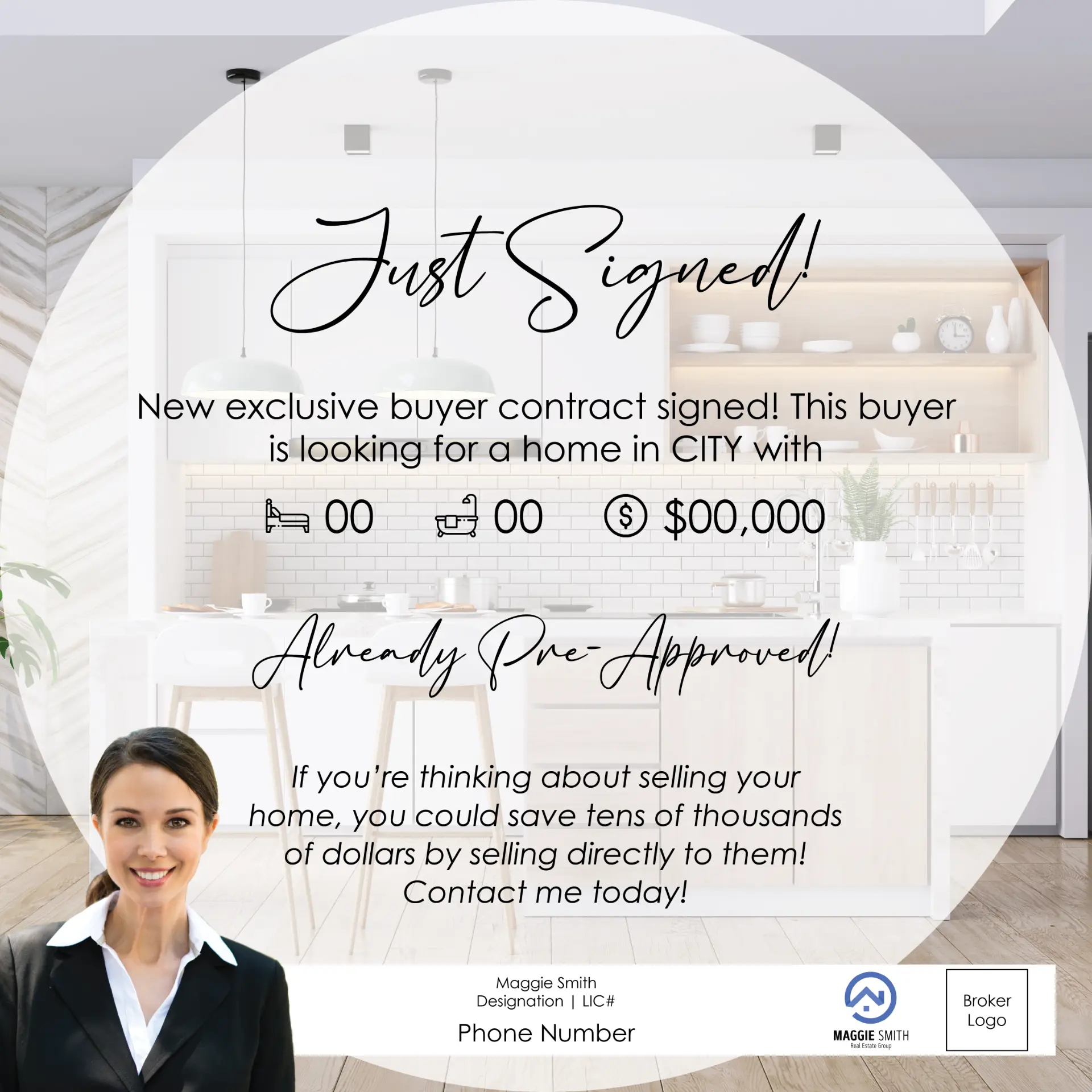 Branded "Just Signed" buyer social media post 1 shown on a phone