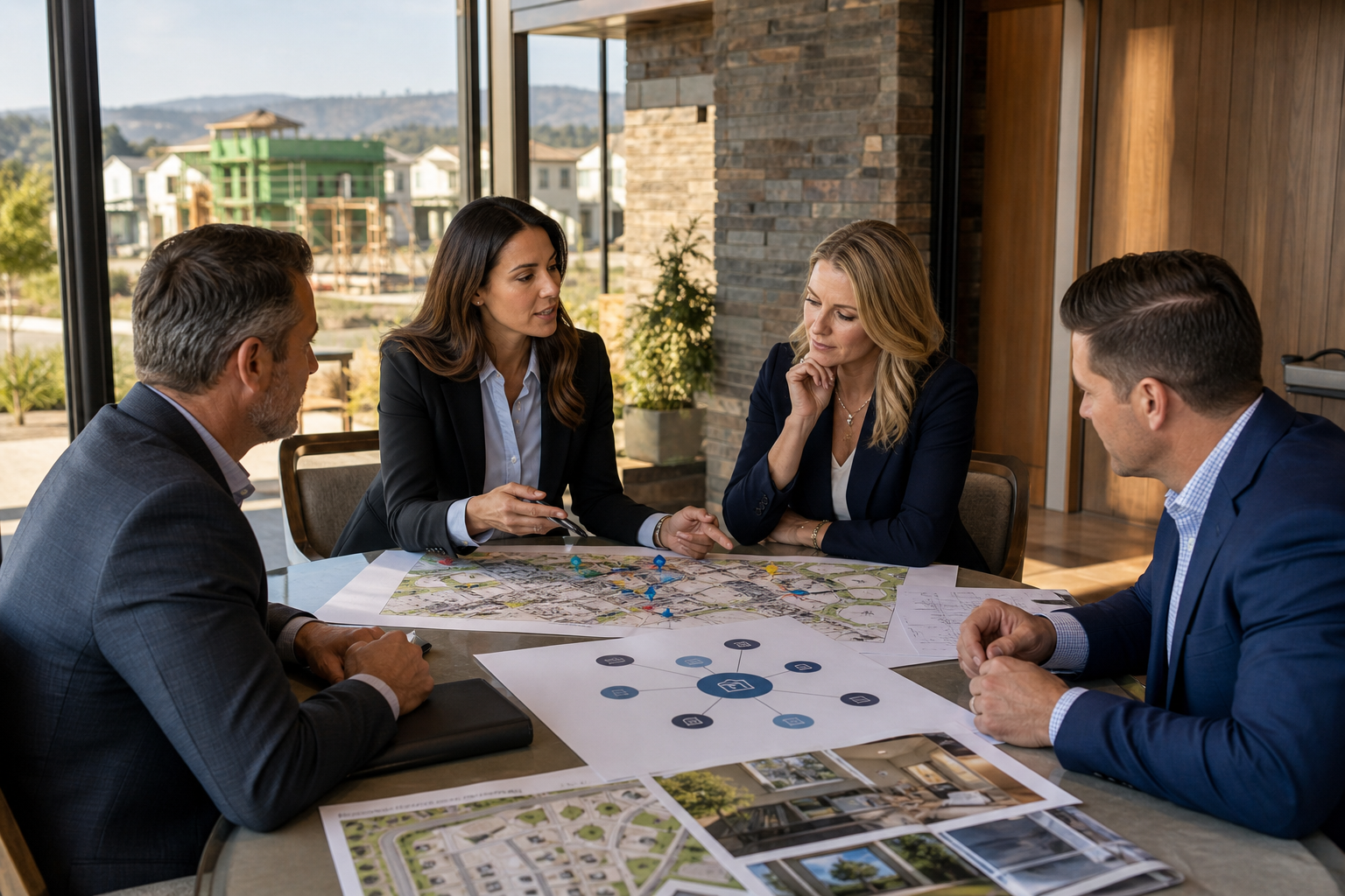 Brokerage leadership team reviewing agent growth plans around a table