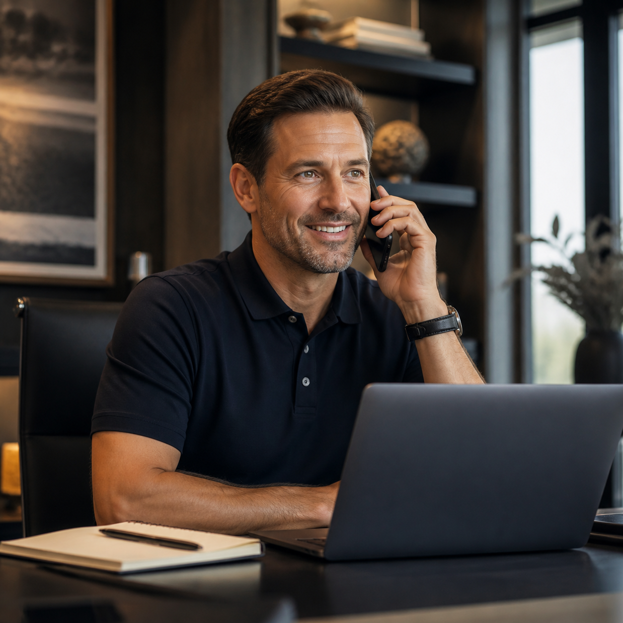 Agent on a client call at their desk