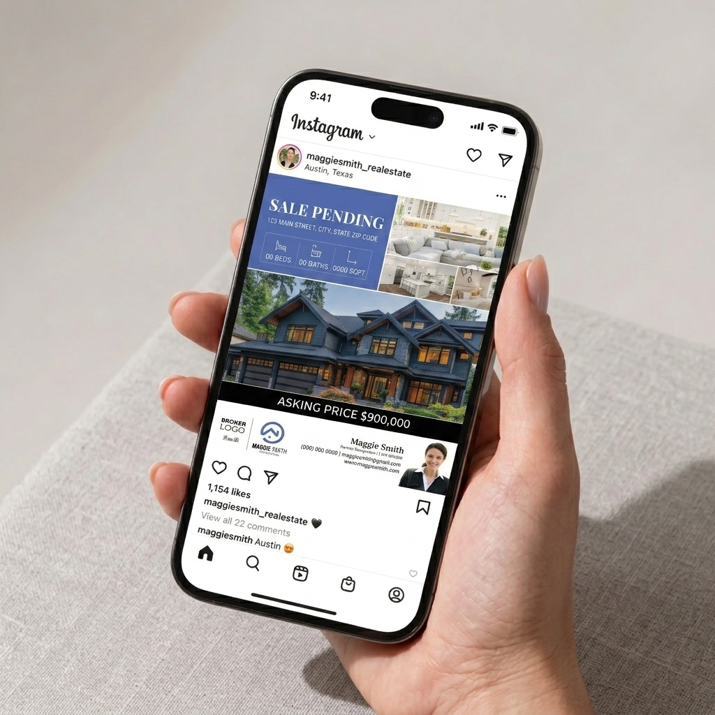 Sale Pending Instagram post shown on a phone held in hand