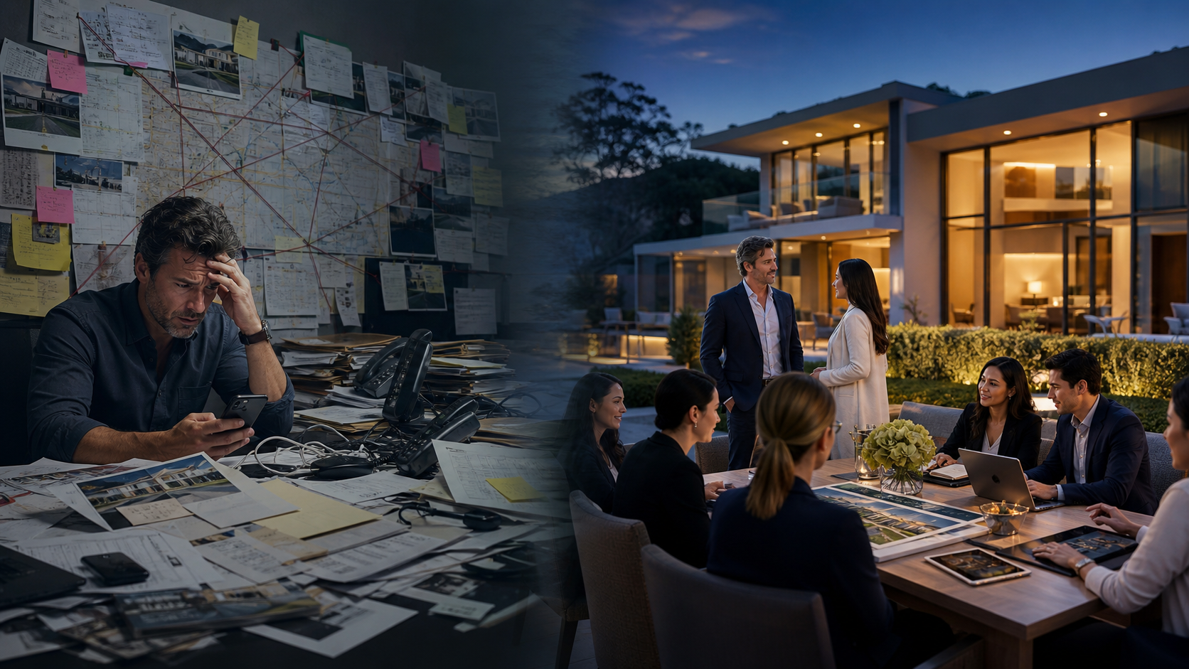Split image: an overwhelmed agent buried in paperwork on one side, a supported agent with a full team on the other