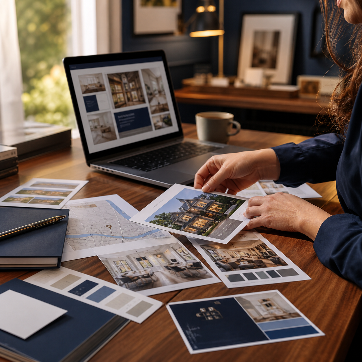 Agent reviewing branded listing flyers and color palettes at a desk