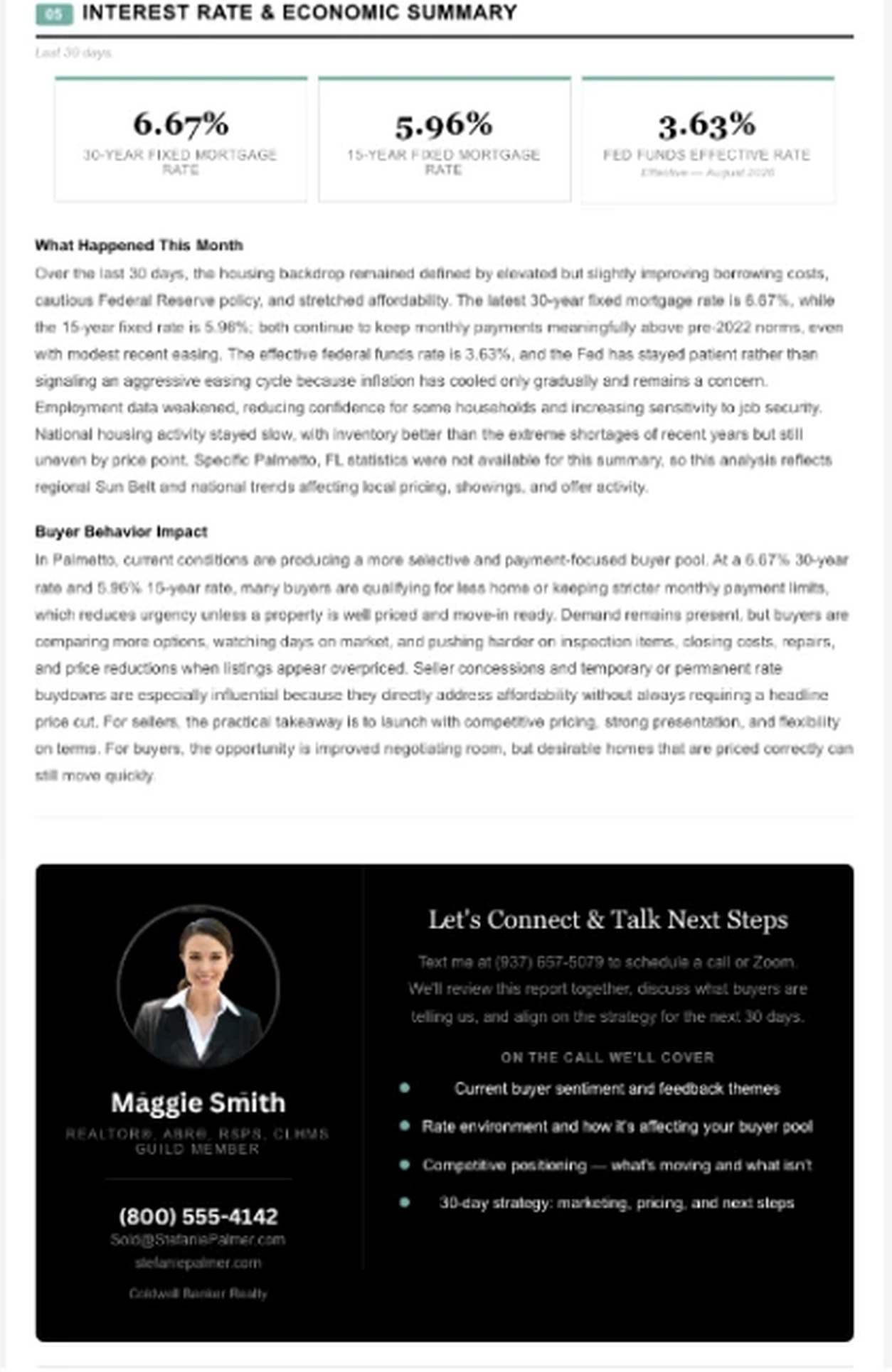 Listing report page three — interest rates, market summary, and agent contact card