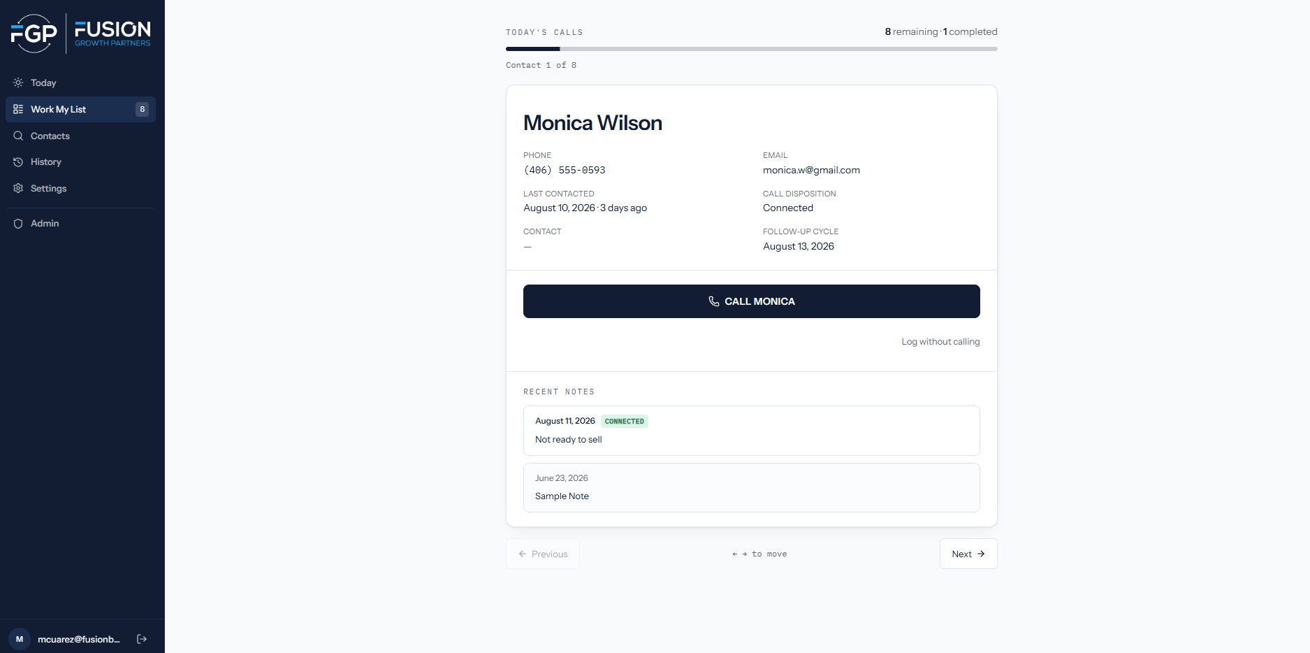 Fusion CRM contact detail view showing call workflow and notes