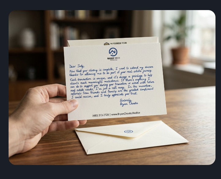 Hand holding a branded personal note card