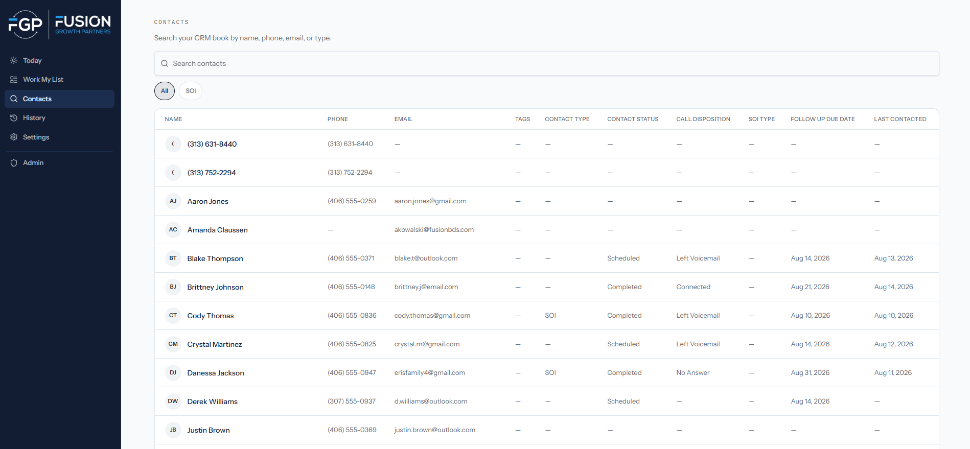 FusionOS CRM contacts table with names, phones, emails, contact types, and follow up dates