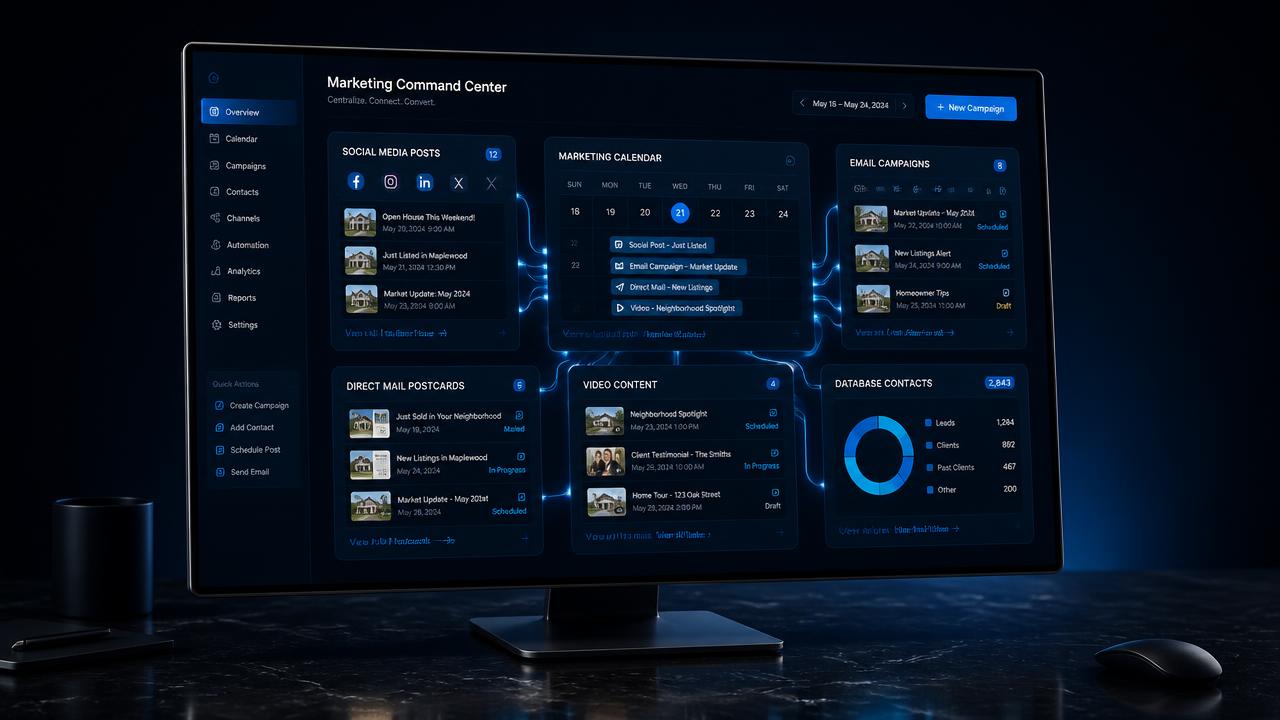 Fusion OS marketing command center dashboard integrating CRM, website, marketing, and database tools