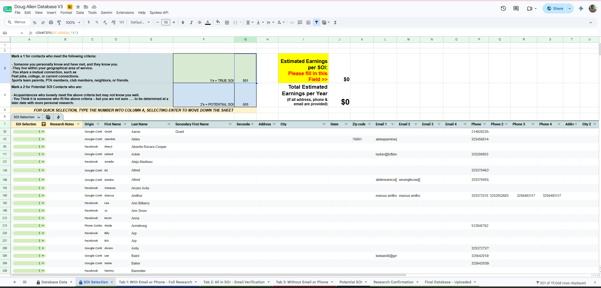 Combined and scrubbed contact sheet with sphere of influence selection column