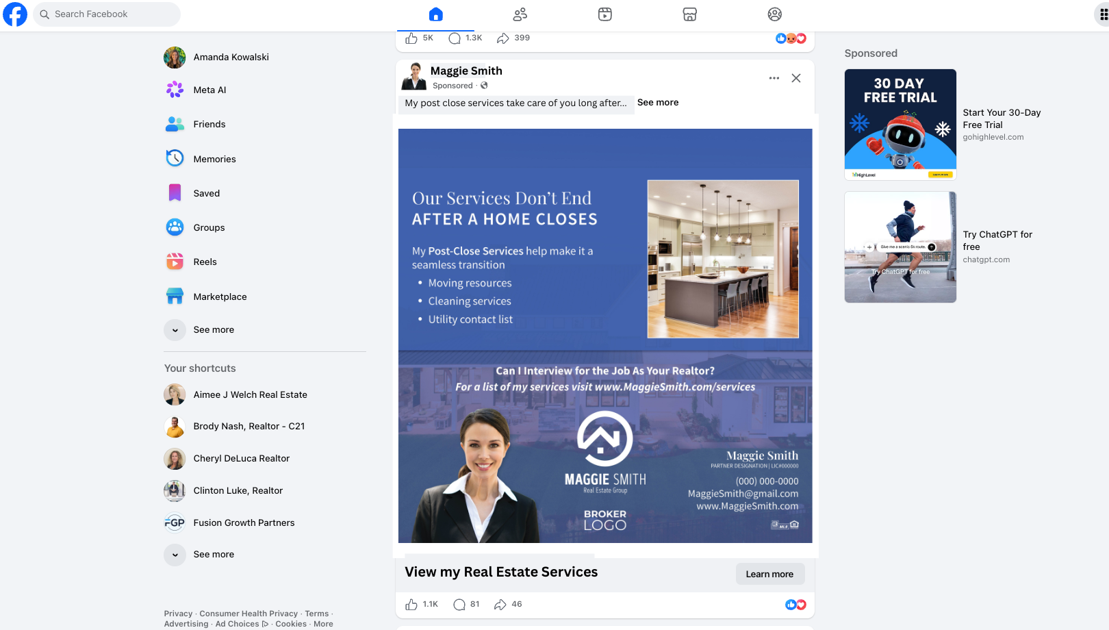 Branded real estate Meta ad in a Facebook feed