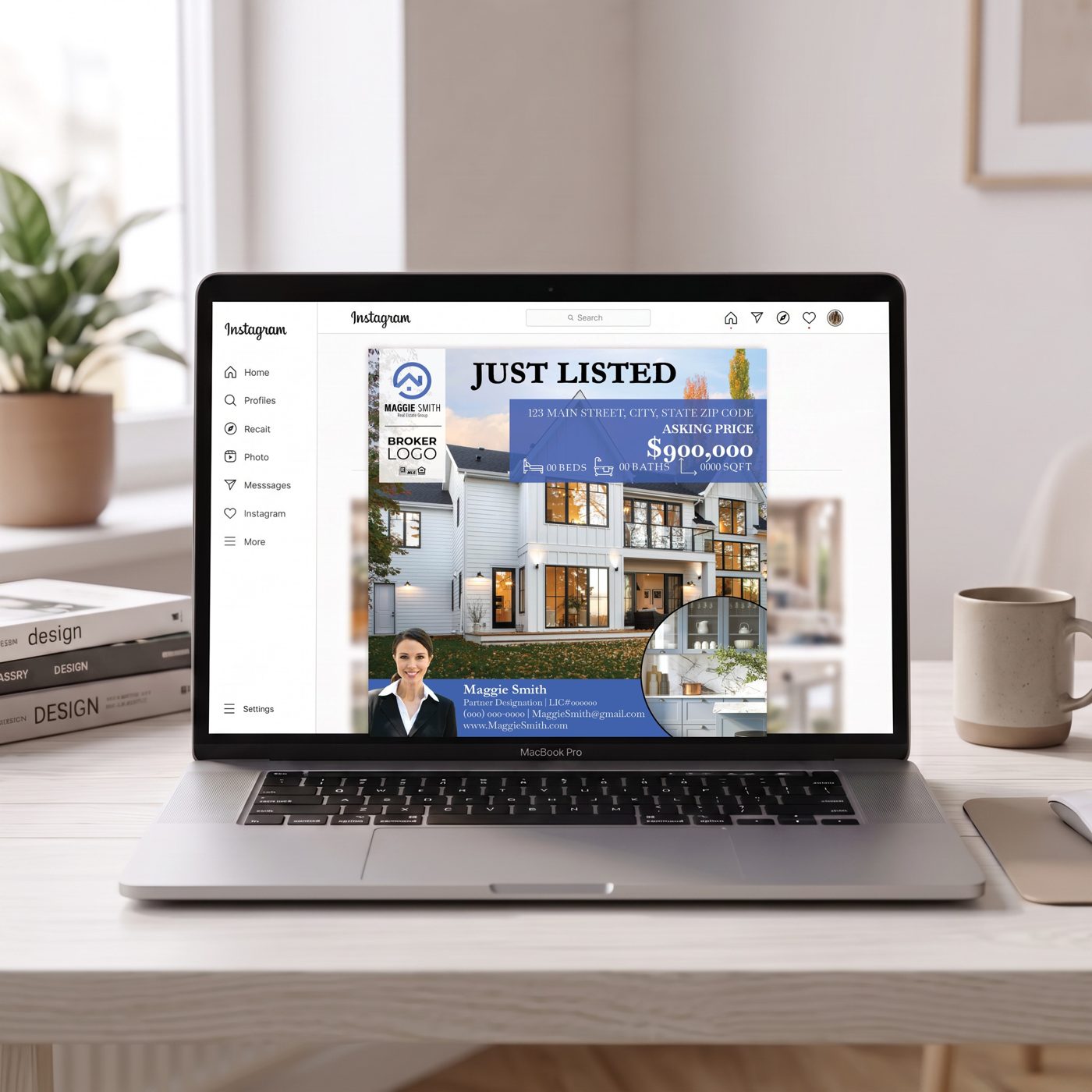 Just listed social post shown on a laptop Instagram feed