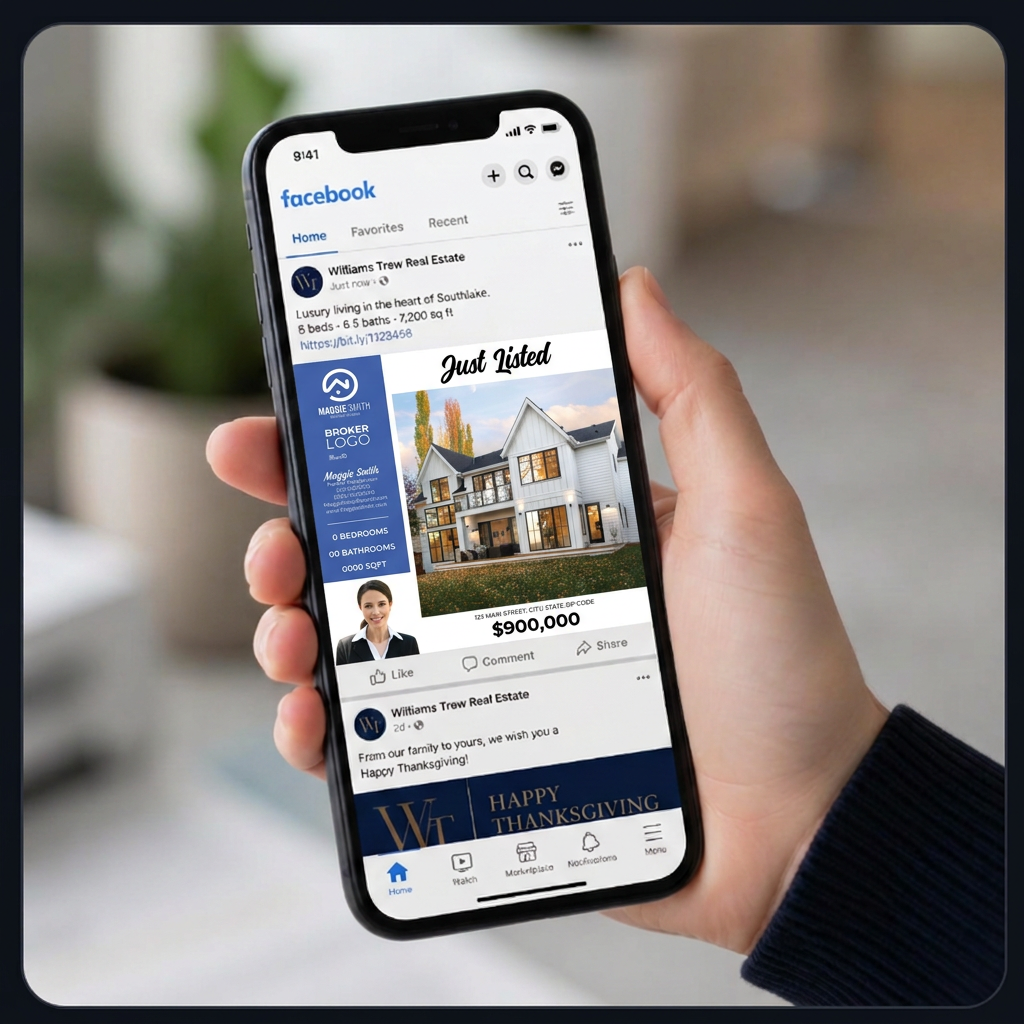Just listed social post shown on a phone Facebook feed