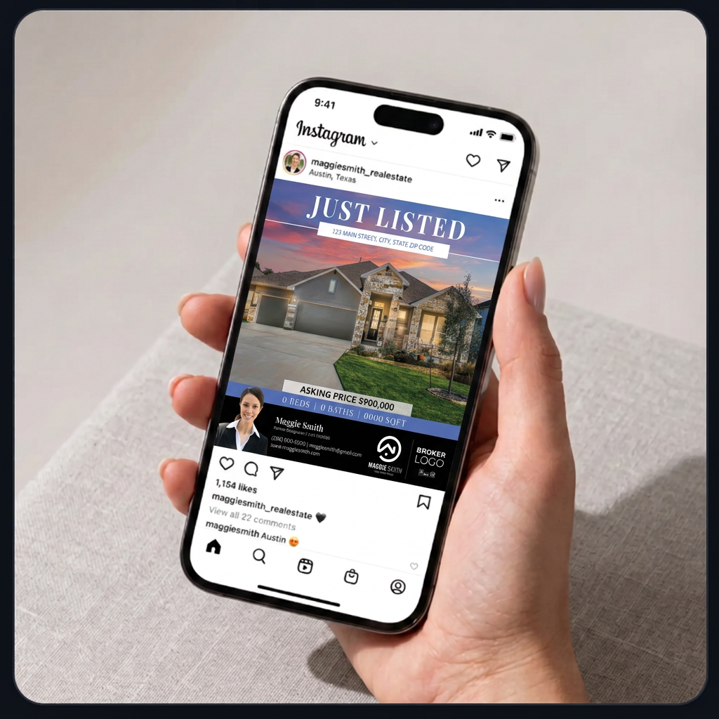 Just listed social post shown on a phone Instagram feed