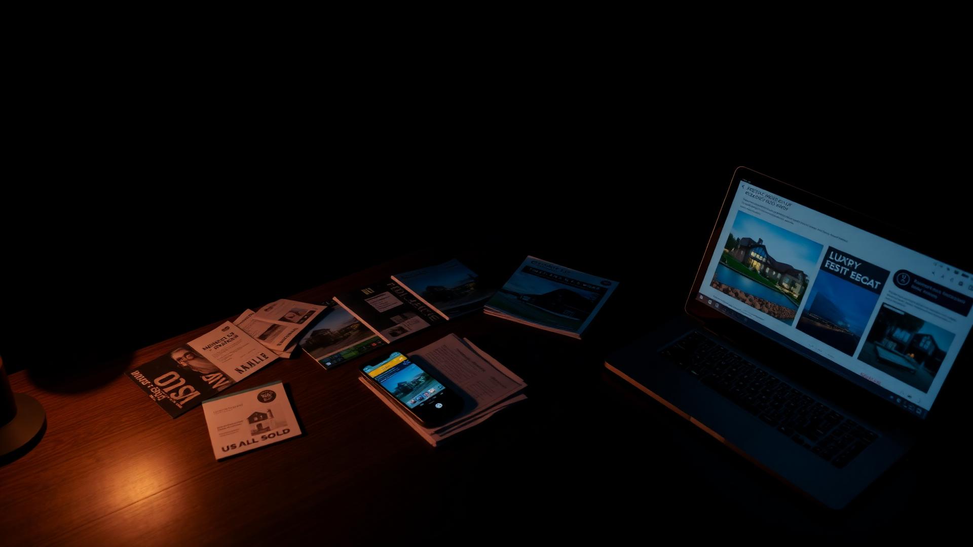 A real estate marketing studio at night — printed mailers, a social post, and a newsletter in production