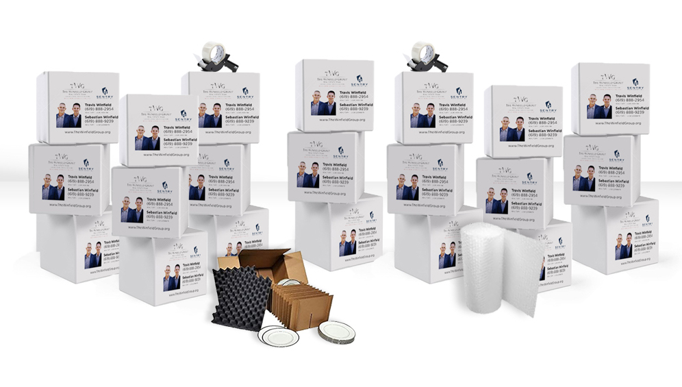 Branded moving boxes and packing supplies printed with the agent's logo