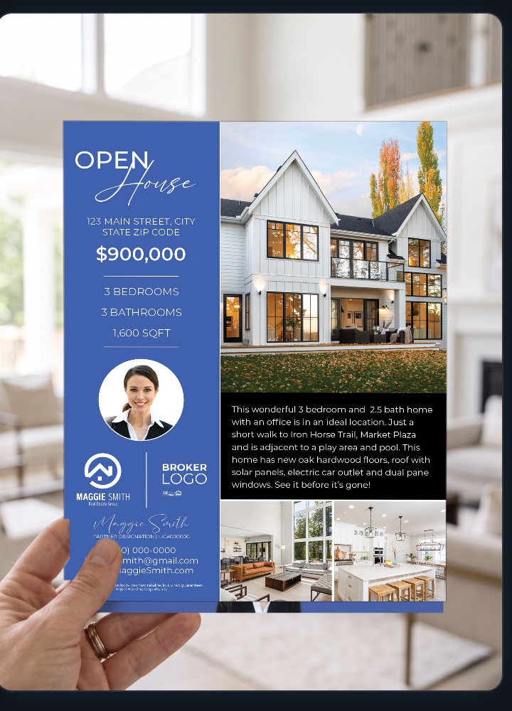 Open house flyer held in hand