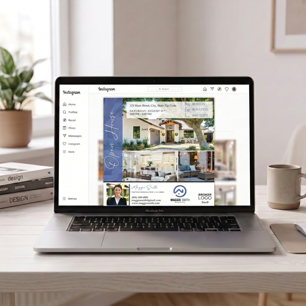 Open house social post shown on a laptop Instagram feed