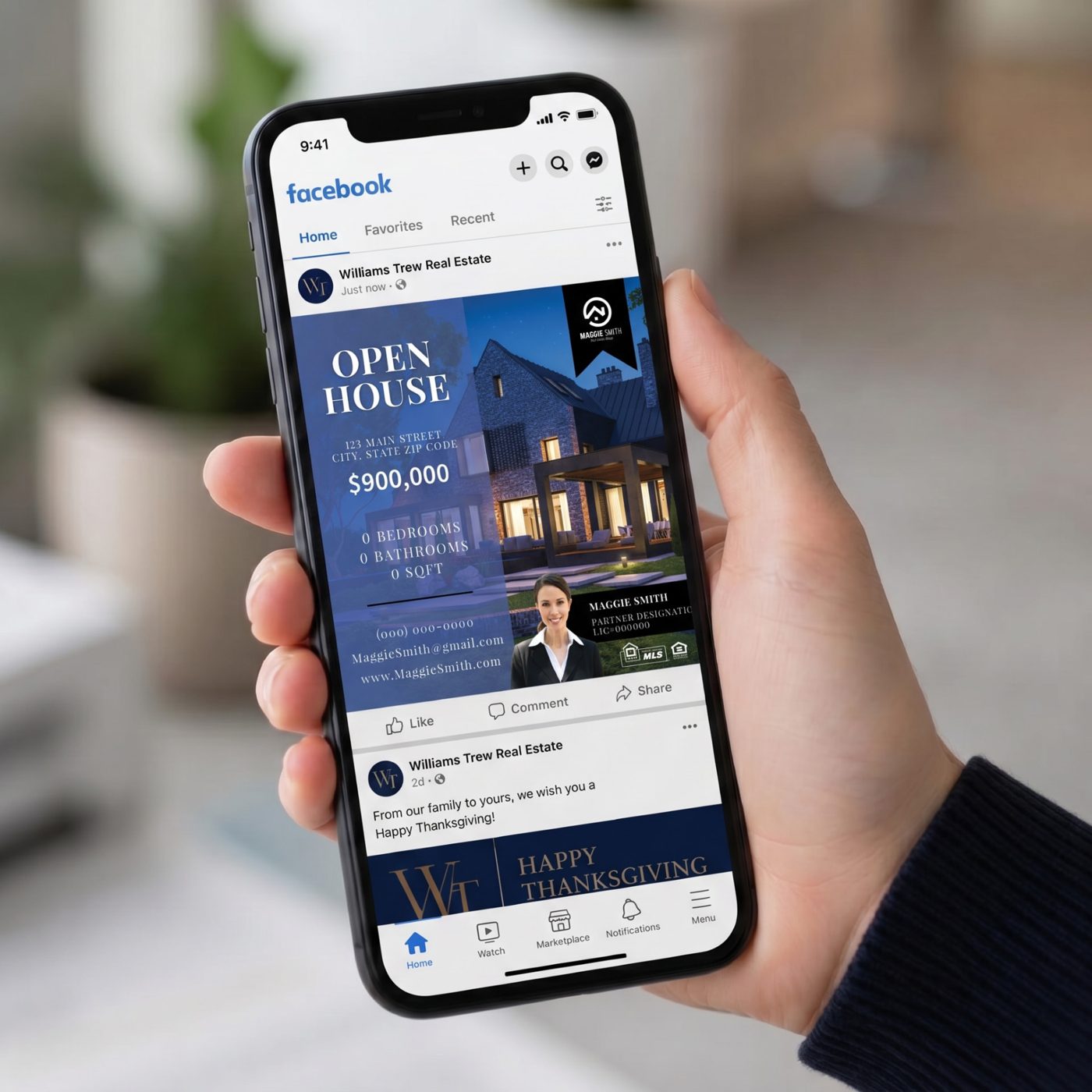 Open house social post shown on a phone Facebook feed