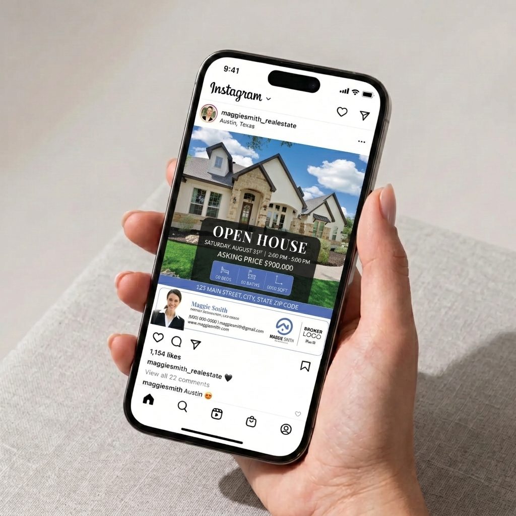 Open house social post shown on a phone Instagram feed