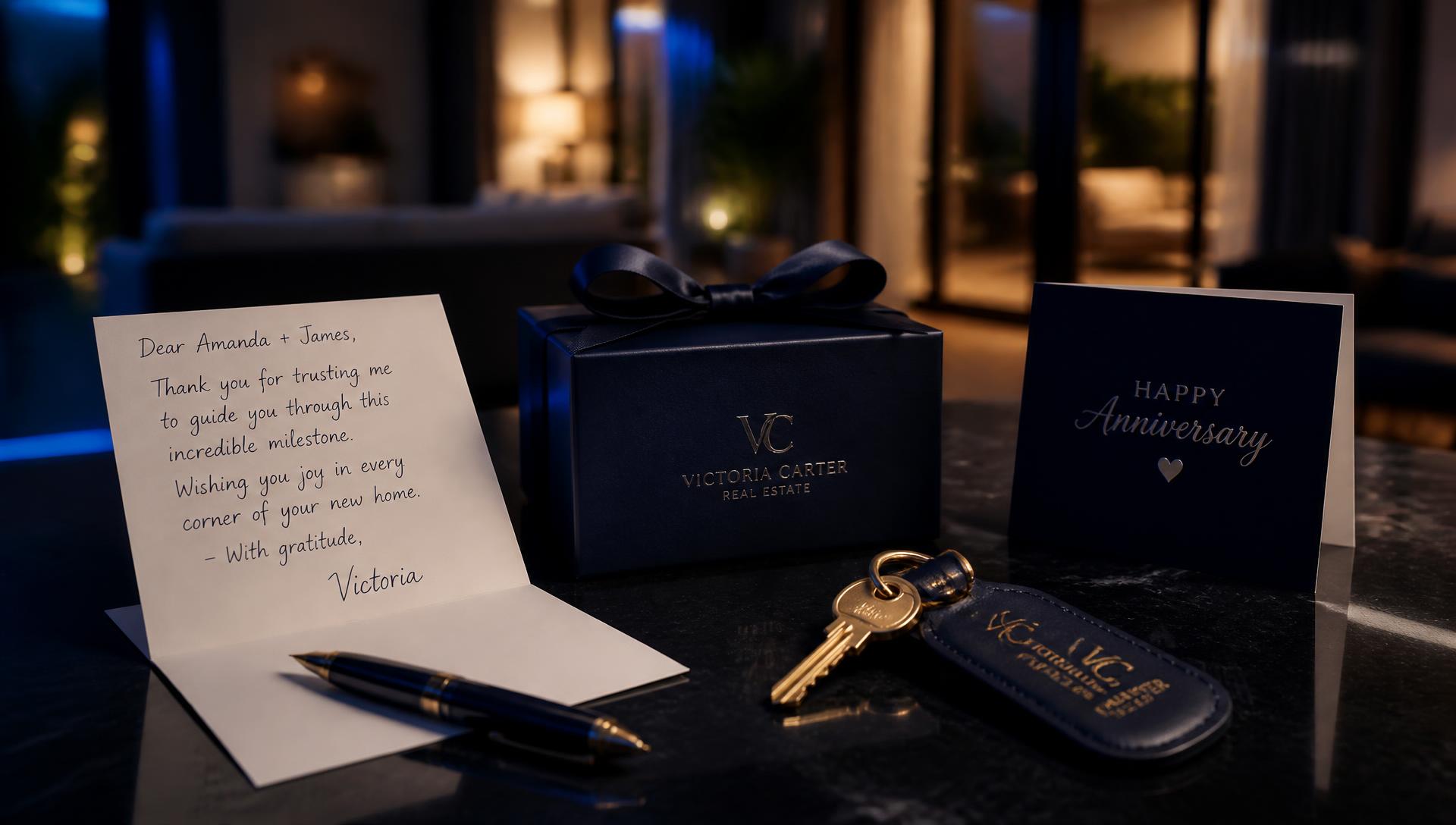 A handwritten thank-you note, branded closing gift, house key, and anniversary card arranged on a dark desk