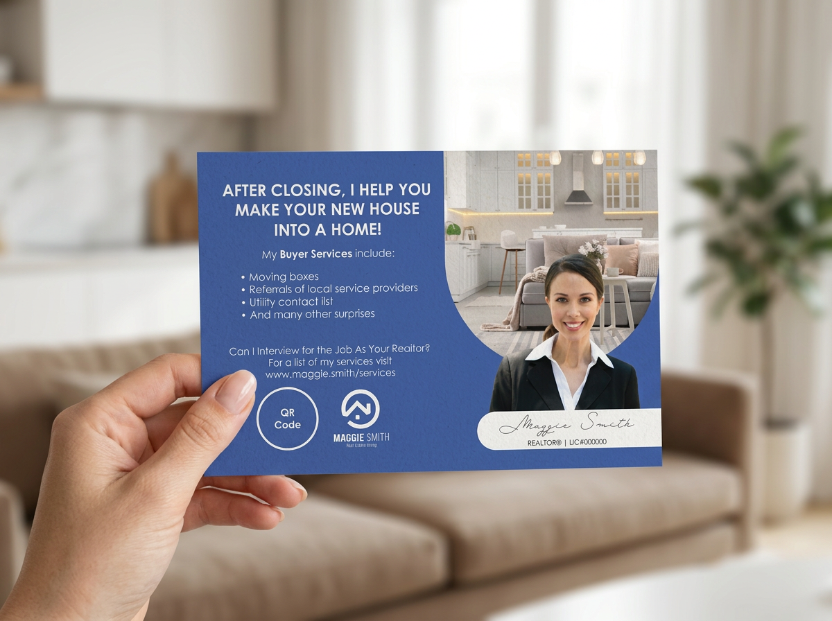 Hand holding a branded buyer postcard