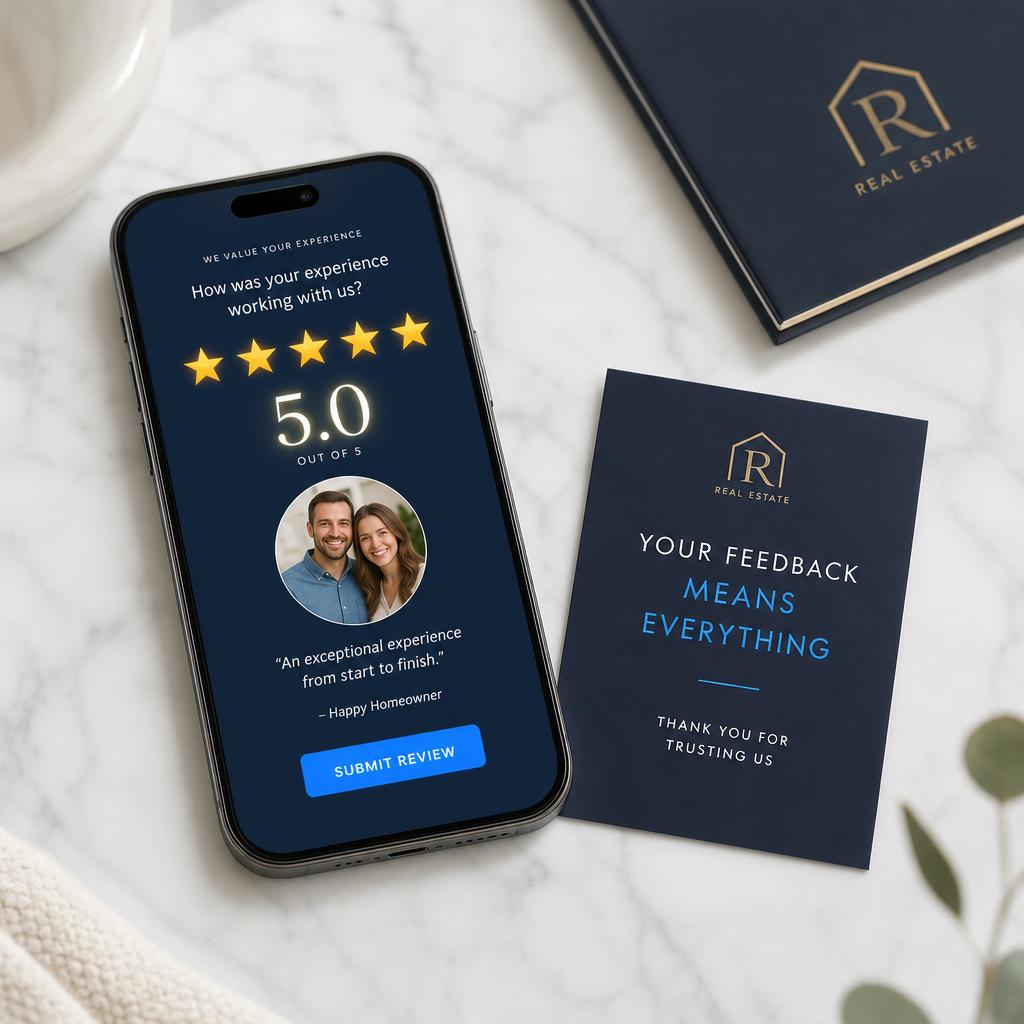 Five-star review request shown on a phone with a branded feedback card
