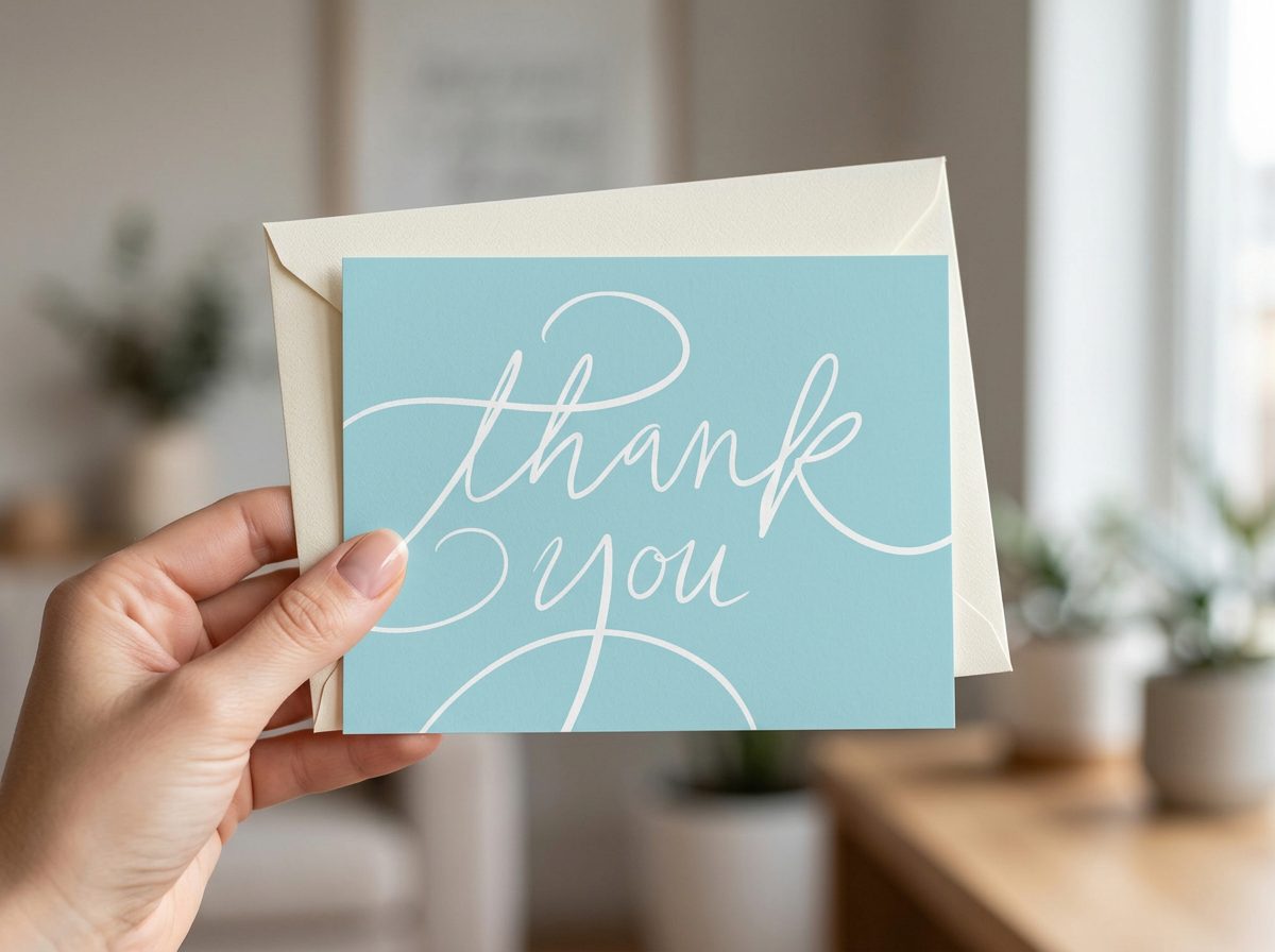 Handwritten thank you card held in hand